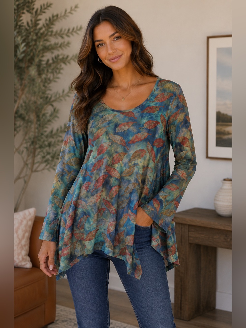 Soft Surroundings Floating Leaves Ombre Tunic Top Medium #Q323
